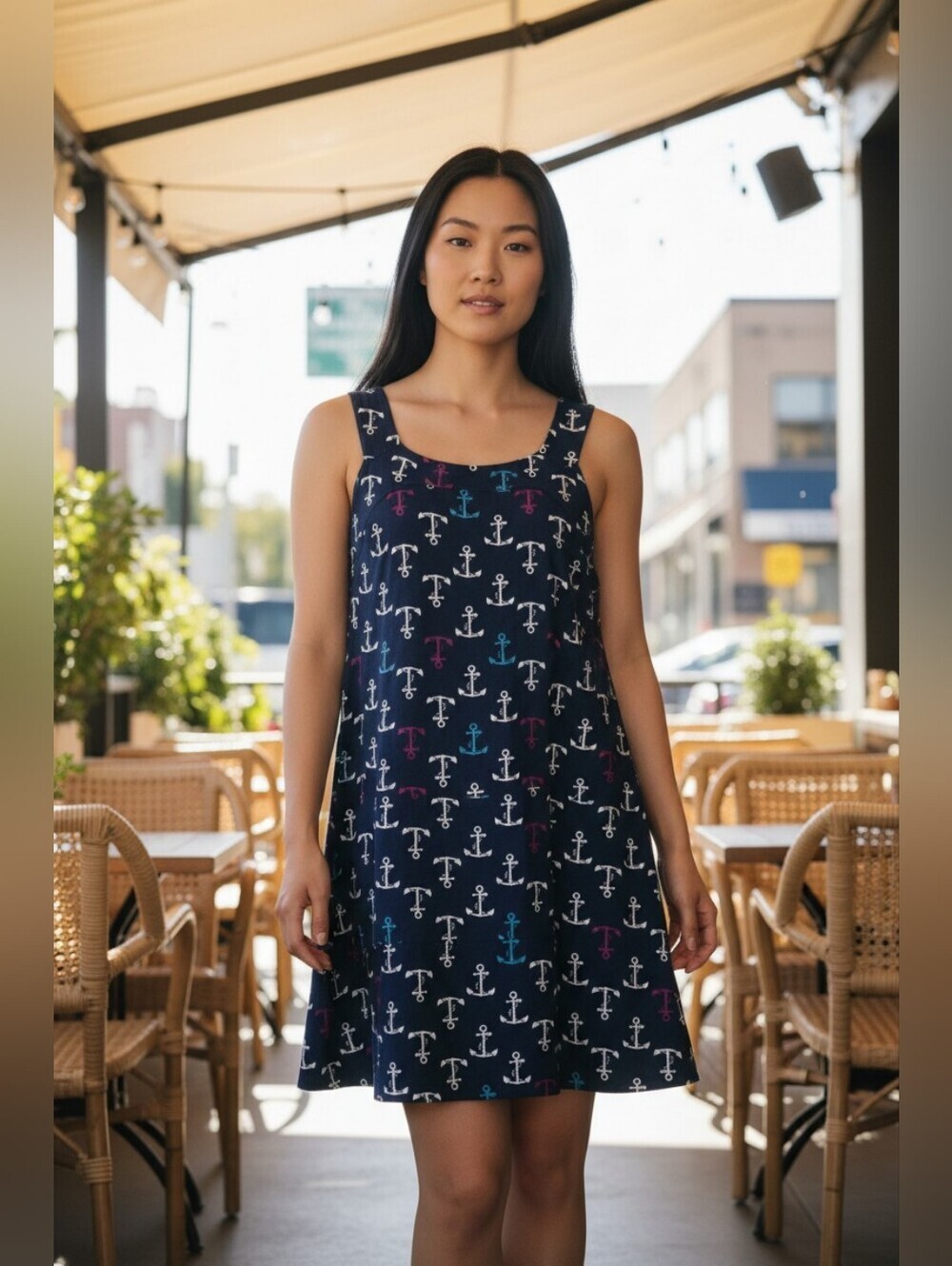 escapada Navy Anchor Print Sleeveless Swing Dress